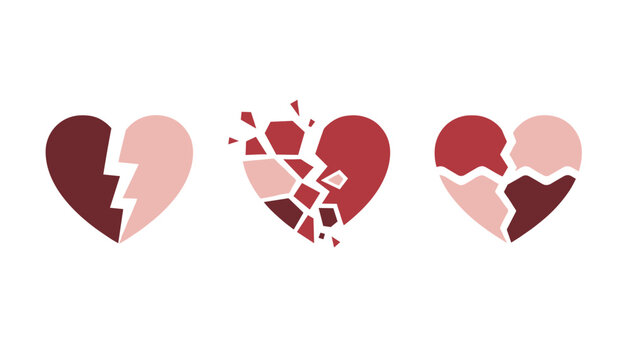 Conceptual vector illustration of broken hearts in different stages of cracking and breaking apart in red tones.