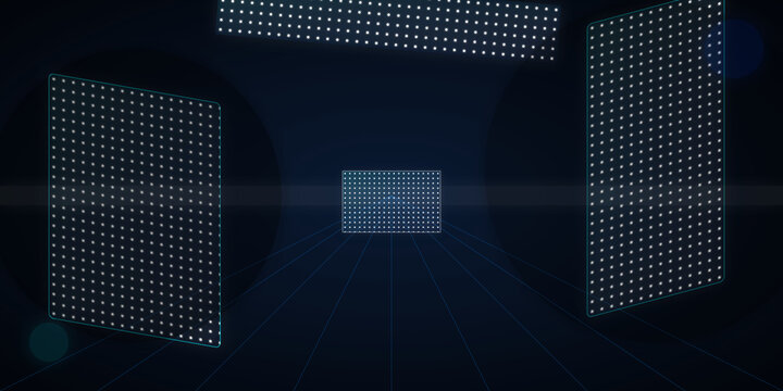Abstract digital background with glowing dot matrix panels on transparent background