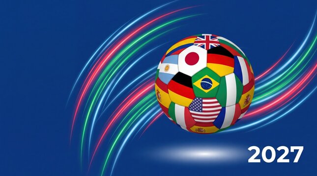 Soccer ball with international flags on blue background for 2027 global sports tournament.
