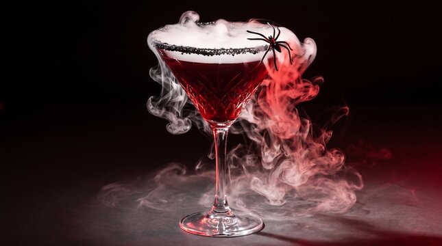 Dramatic red cocktail in a martini glass with a black rim and spider garnish, engulfed in an eerie smoky mist, perfect for thrilling Halloween parties and spooky themed events