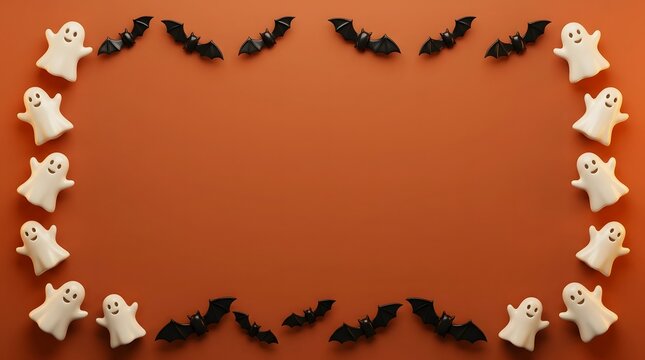 Halloween background with a frame of small ghost figures and black paper bats