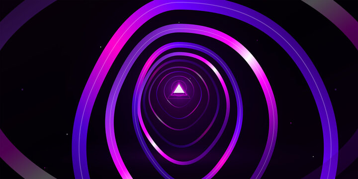 Neon purple circular tunnel vortex with glowing central triangle on transparent background