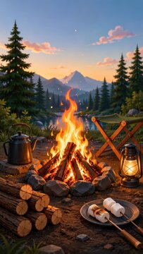 Cozy campfire at sunset with marshmallows roasting, lantern, kettle, logs, pine forest and mountain lake view