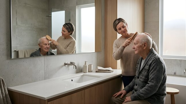 Woman brushing senior man hair in bathroom mirror for care assistance