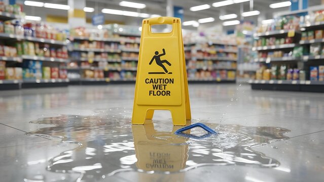 Bright yellow caution wet floor sign standing on a slippery tiled surface inside a grocery store aisle with a spilled liquid puddle reflecting overhead lights