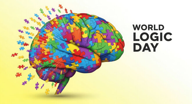Human brain composed of colorful jigsaw puzzle pieces representing world logic day concept