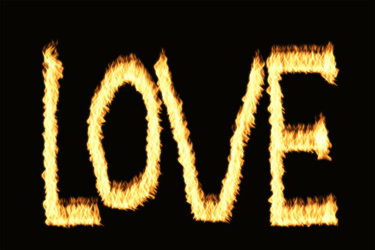 The word love spelled out in bright orange and yellow flames isolated on a dark black background representing passion burning desire and romantic feelings for valentines day design concept