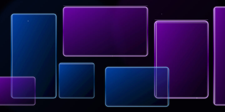 Abstract digital frames with neon glowing borders on transparent background