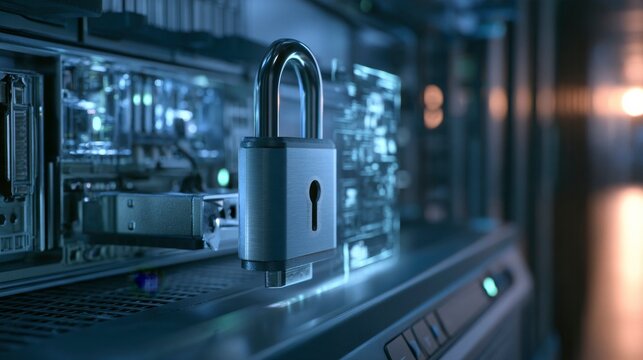 Digital padlock secures server rack with glowing blue lights and bokeh background