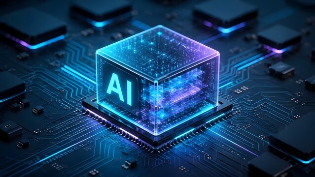 Transparent artificial intelligence glass cube processor on circuit board with glowing blue and purple internal layers