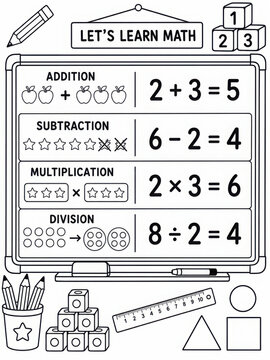 Lets learn math educational whiteboard worksheet page for primary kids line art