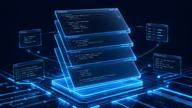 Holographic programming code screens stacked over glowing blue base displaying software development process and server metrics