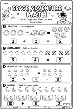 Basic math operations worksheet addition subtraction and multiplication line art for kids