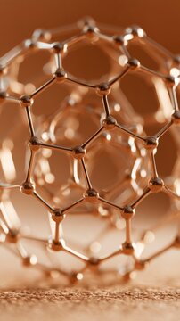 Close-up of a metallic fullerene molecule structure with hexagonal and pentagonal shapes