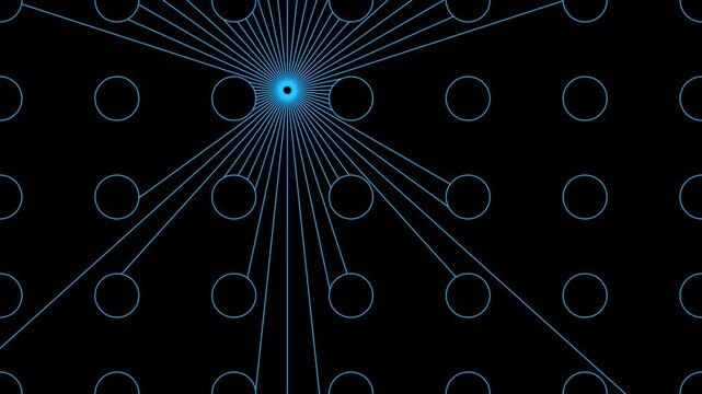 Reflection of Radial Lines in a Geometric Array.On a black background, numerous lines radiate outward from the origin point and are reflected by short lines arranged in an array.
