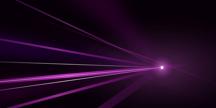Abstract purple light beams converging to a central glowing point on transparent background