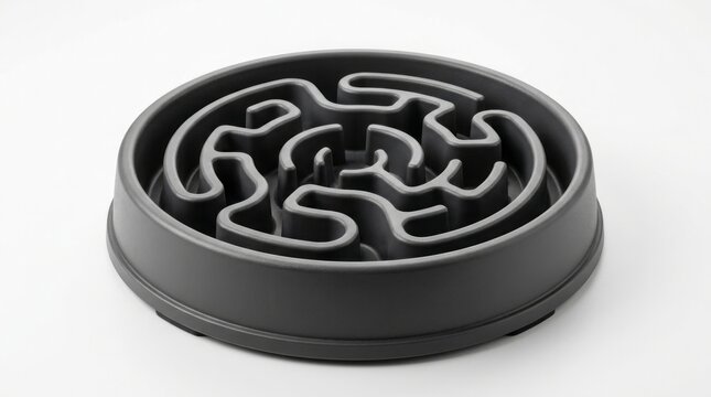 Slow feeder pet bowl featuring an intricate black maze pattern rests centrally on a clean white background under soft studio lighting.