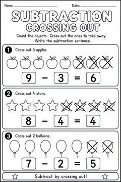 Count and cross out subtraction math worksheet for kids line art activity