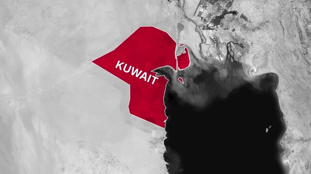 Kuwait map border highlighted in bright red on a rotating satellite ground animation clip for professional news broadcast media usage