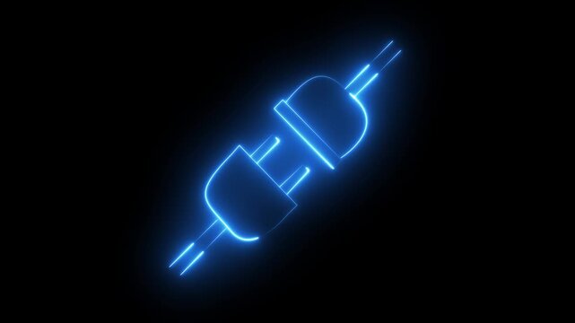 Glowing neon electric plug icon animation and socket icon animation on black background