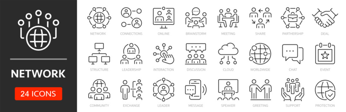 Network line icon set. Networking, cyberspace, communication, community, contact, social media - stock vector.