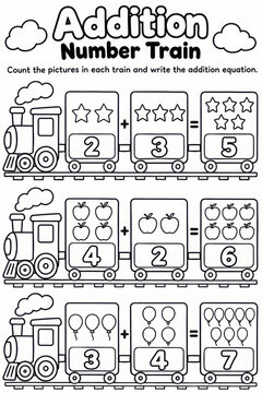 Rail car subtraction math worksheet page for kids preschool learning counting activity line art