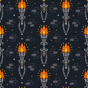 Halloween Torch Seamless Pattern with Flaming Torches, Metal Chains, and Brick Wall Background