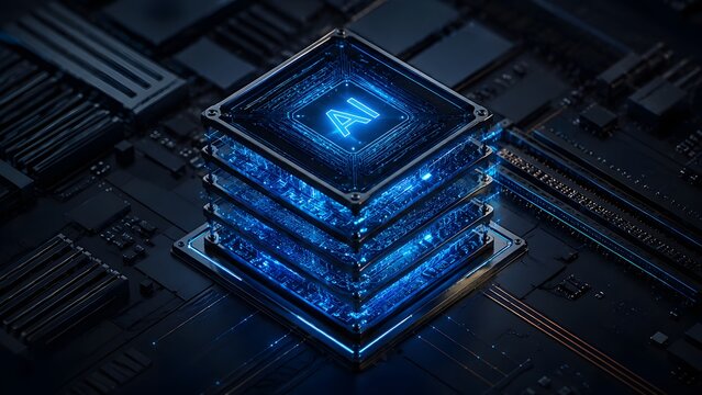 Artificial intelligence microchip layered processor on dark metallic motherboard with glowing blue circuits