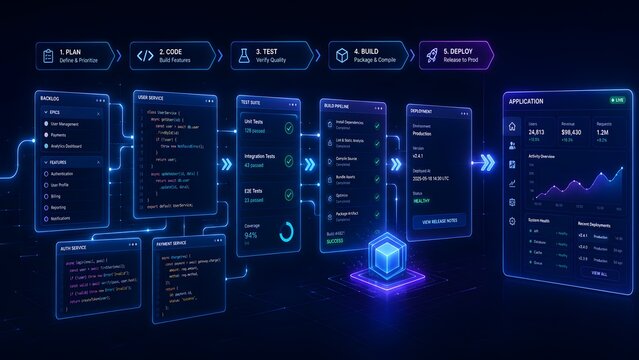 Software development lifecycle dashboard interface displaying automated pipeline from coding to deployment and testing metrics