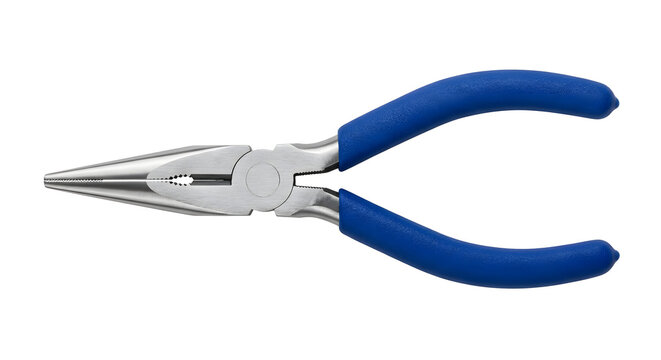 Long needle nose pliers with blue rubber handles