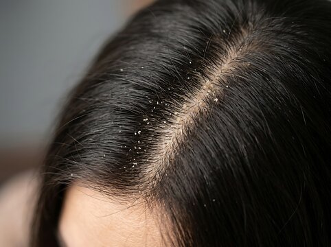 Close-up of a person with dandruff flakes in their dark hair and scalp, showing scalp health issues and dry skin conditions