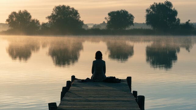 Serene woman sitting on wooden pier at misty lake during sunrise with calm water and tree reflection in peaceful natural setting
