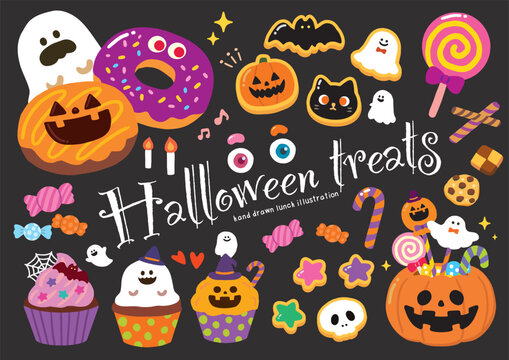 ハロウィンのお菓子のかわいい手描きベクターイラストセット