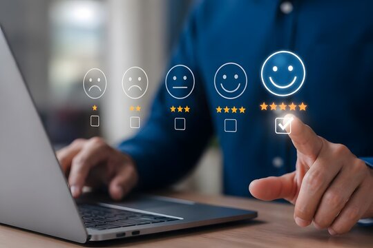 Customer satisfaction survey: hand selecting positive review and 5-star rating