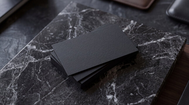 Blank Black Business Cards on Marble Surface: A neat stack of plain black business cards rests on a sophisticated dark marble surface.