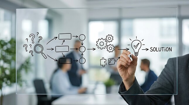 Business professional drawing a problem solving flowchart on a glass board in an office.