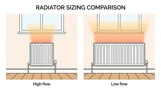 Radiator dimension differences chart for high and low temperature heating system flow settings.