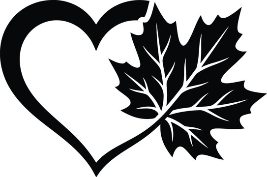 Black and white graphic illustration of a stylized maple leaf inside a heart outline with silhouette