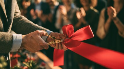 Naklejka premium Close-up of hands cutting large red ribbon with golden scissors at formal opening ceremony event with blurred audience background