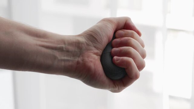 A man exercises his forearm with a rubber grip strengthener.
Arm muscle conditioning, grip strength exercises.