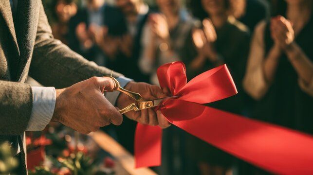 Close-up of hands cutting large red ribbon with golden scissors at formal opening ceremony event with blurred audience background