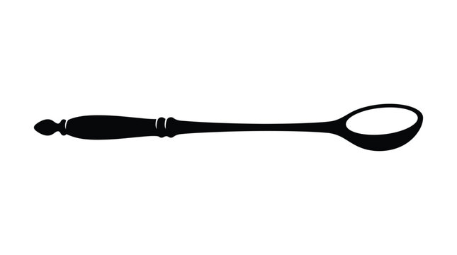 Black silhouette of a vintage decorative spoon with an ornate handle isolated on white background. Elegant antique cutlery shape ideal for kitchen graphics, icons, and menus.