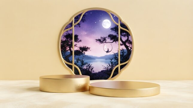 A beautiful round decorative plate featuring a serene moonlit landscape scene for the traditional mid autumn festival china celebration displayed on a minimalist wooden stand