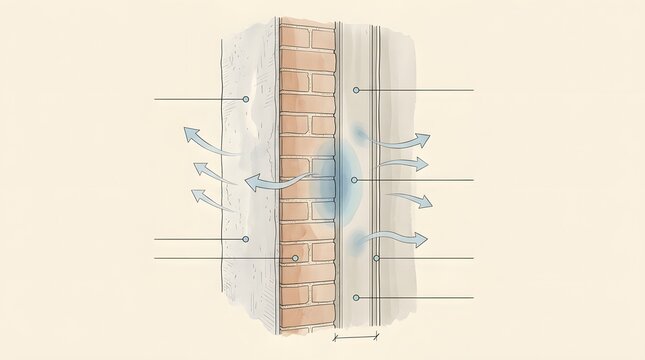 Internal wall insulation moisture movement diagram showing vapour transmission through solid brick.