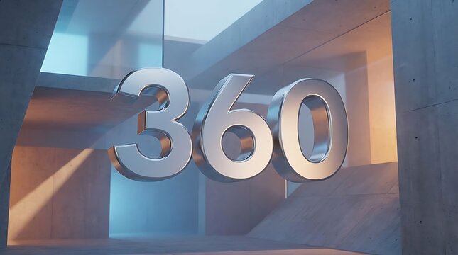 Futuristic metallic 360 number displayed in a modern architectural setting with blue and warm lighting, representing technology, innovation, and a new perspective.