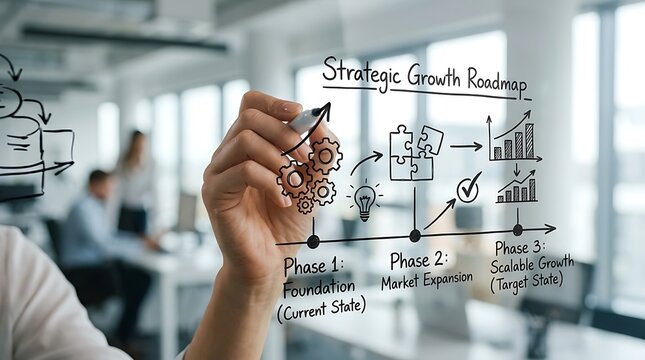 Business professional drawing a strategic growth roadmap on a glass wall in modern office.