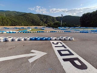 Go kart racing on circuit. Blue and white circuit for karting. © dianacoman
