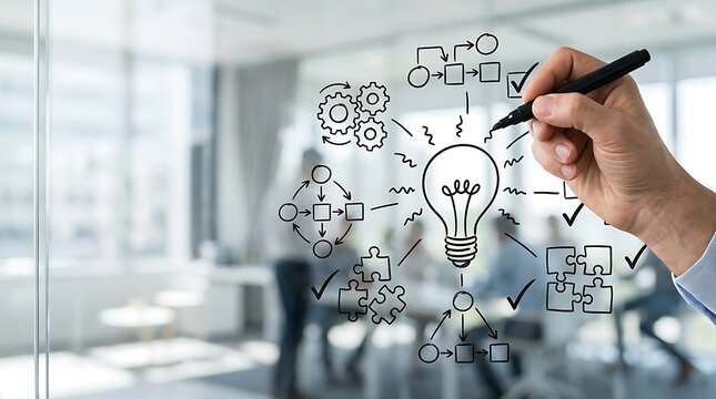 Hand drawing a business strategy and innovation concept on a glass wall in an office.