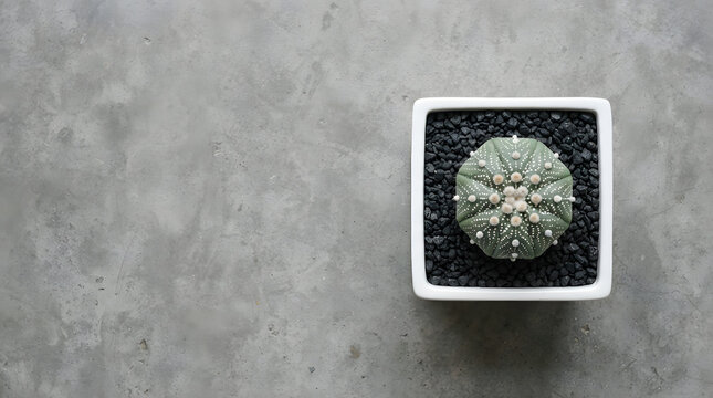 Top down view of an Astrophytum asterias cactus in a white square pot on a concrete background
