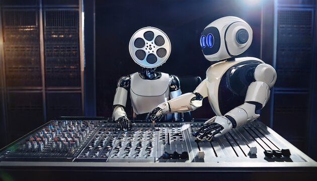 a robot with a film reel head operates audio mixing console in professional studio